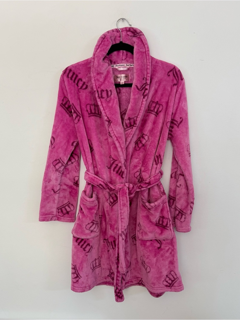 Juicy Couture Women S/M Pink Plush Robe Y2K Crown Logo Belted Bathrobe Sleepwear